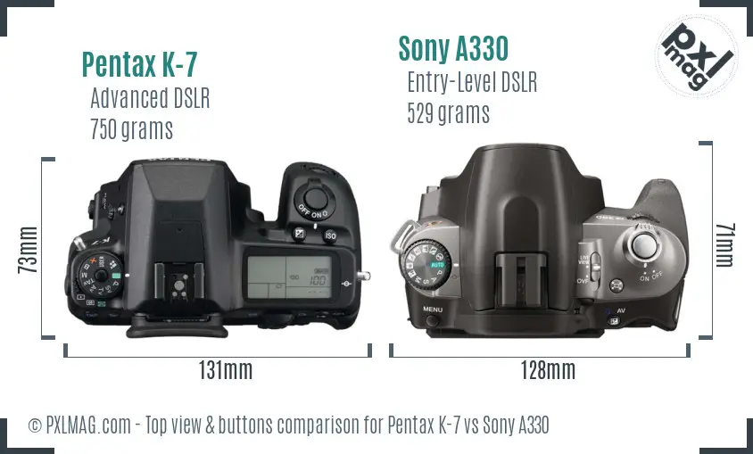 Pentax K-7 vs Sony A330 top view buttons comparison Pentax K-7 vs Sony A330 top view buttons comparison