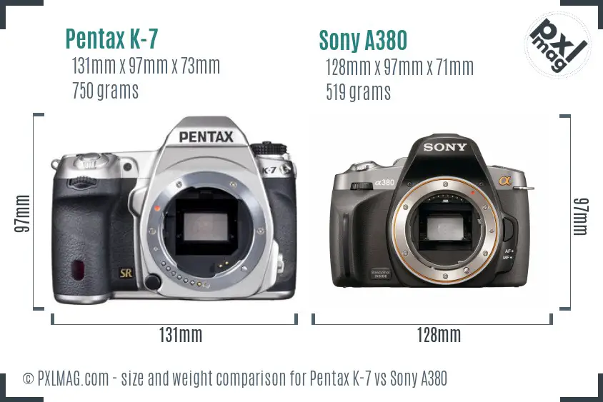 Pentax K-7 vs Sony A380 size comparison Pentax K-7 vs Sony A380 size comparison