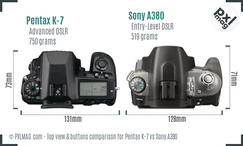 Pentax K-7 vs Sony A380 top view buttons comparison Pentax K-7 vs Sony A380 top view buttons comparison