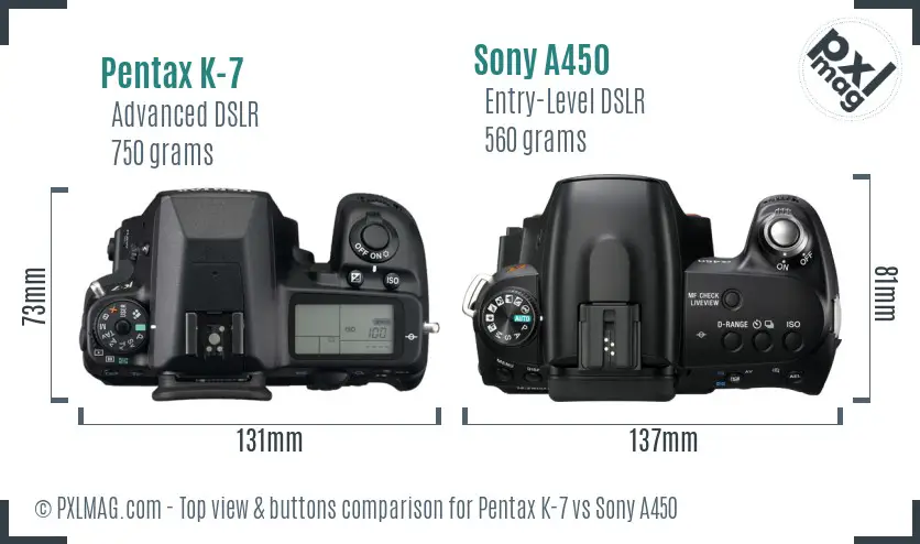 Pentax K-7 vs Sony A450 top view buttons comparison