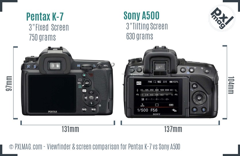 Pentax K-7 vs Sony A500 Screen and Viewfinder comparison