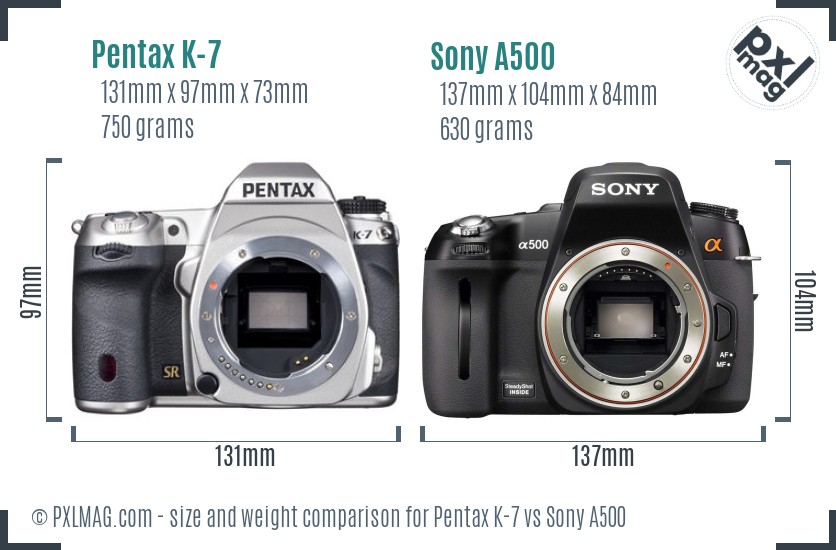 Pentax K-7 vs Sony A500 size comparison