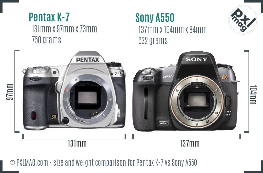 Pentax K-7 vs Sony A550 size comparison Pentax K-7 vs Sony A550 size comparison