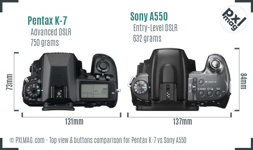 Pentax K-7 vs Sony A550 top view buttons comparison Pentax K-7 vs Sony A550 top view buttons comparison