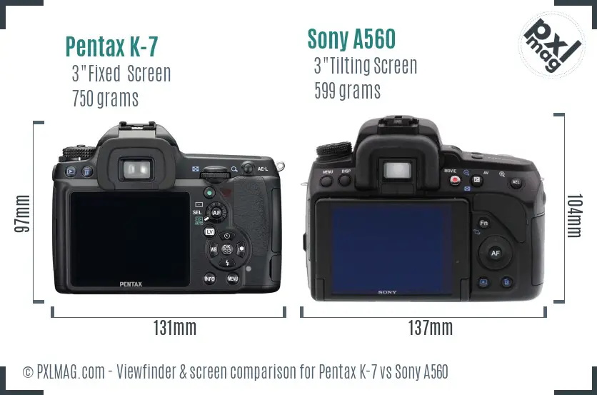 Pentax K-7 vs Sony A560 Screen and Viewfinder comparison