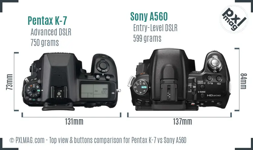 Pentax K-7 vs Sony A560 top view buttons comparison