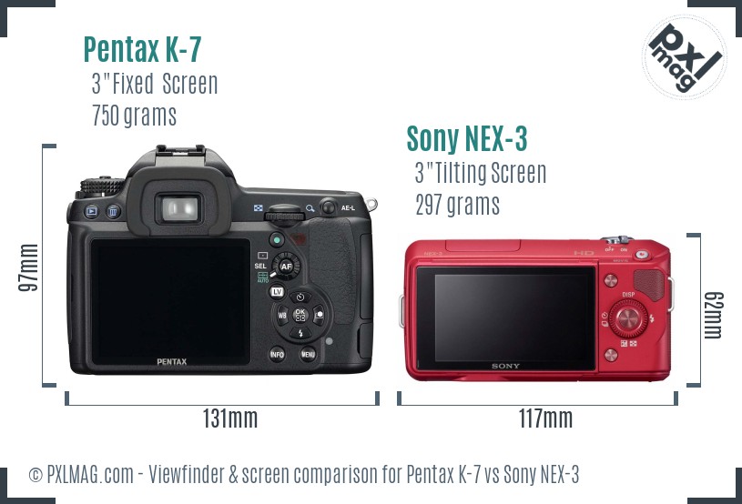 Pentax K-7 vs Sony NEX-3 Screen and Viewfinder comparison