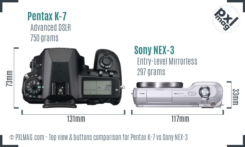 Pentax K-7 vs Sony NEX-3 top view buttons comparison