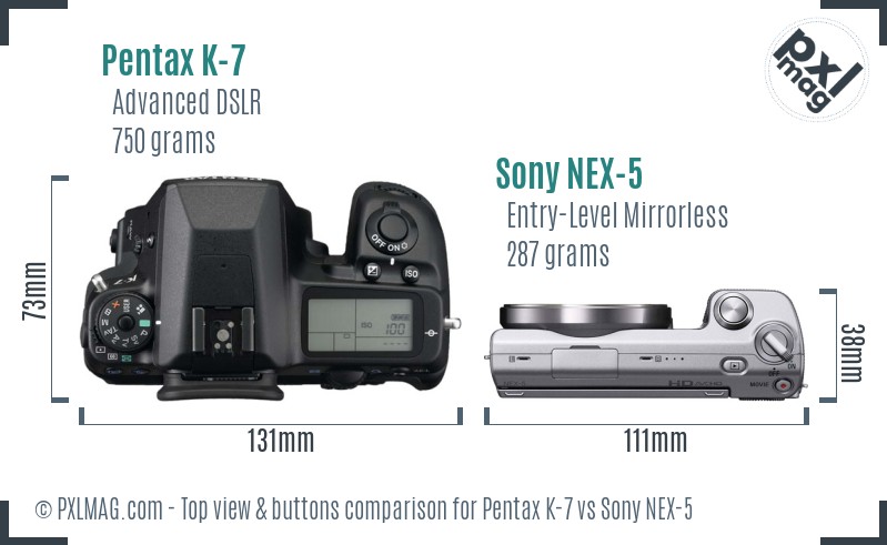 Pentax K-7 vs Sony NEX-5 top view buttons comparison