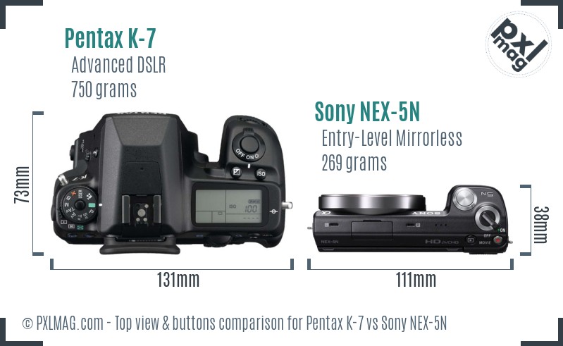 Pentax K-7 vs Sony NEX-5N top view buttons comparison