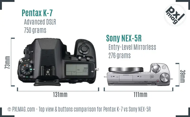 Pentax K-7 vs Sony NEX-5R top view buttons comparison