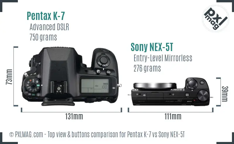 Pentax K-7 vs Sony NEX-5T top view buttons comparison Pentax K-7 vs Sony NEX-5T top view buttons comparison