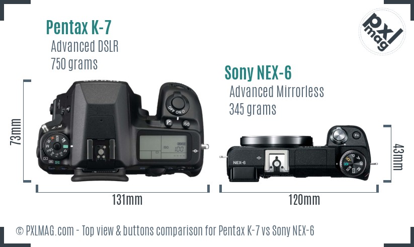 Pentax K-7 vs Sony NEX-6 top view buttons comparison