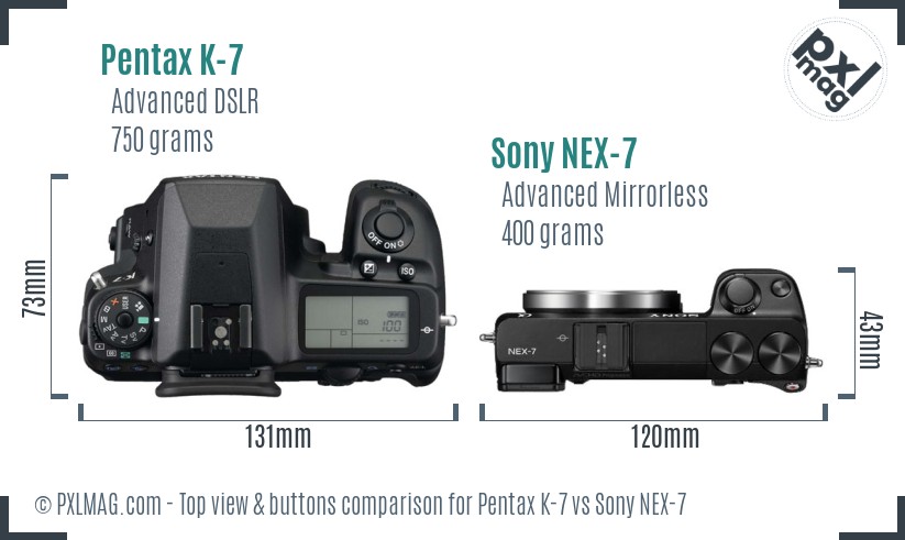 Pentax K-7 vs Sony NEX-7 top view buttons comparison