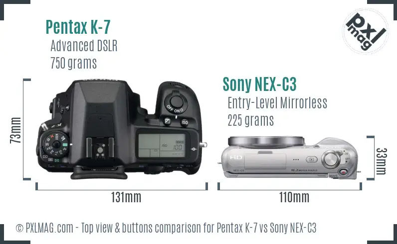 Pentax K-7 vs Sony NEX-C3 top view buttons comparison