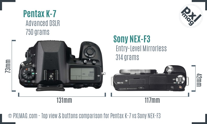 Pentax K-7 vs Sony NEX-F3 top view buttons comparison