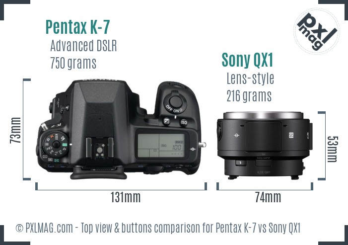 Pentax K-7 vs Sony QX1 top view buttons comparison
