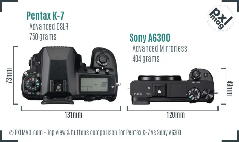 Pentax K-7 vs Sony A6300 top view buttons comparison