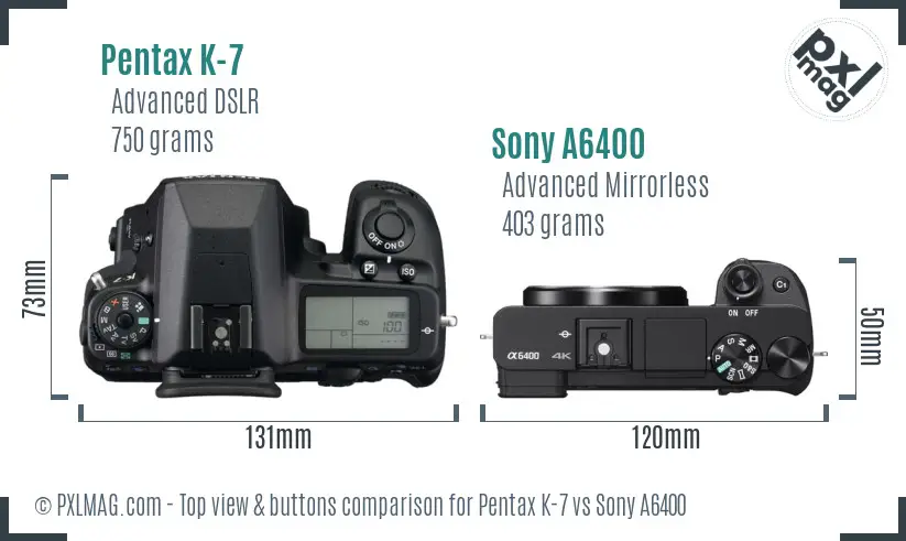 Pentax K-7 vs Sony A6400 top view buttons comparison