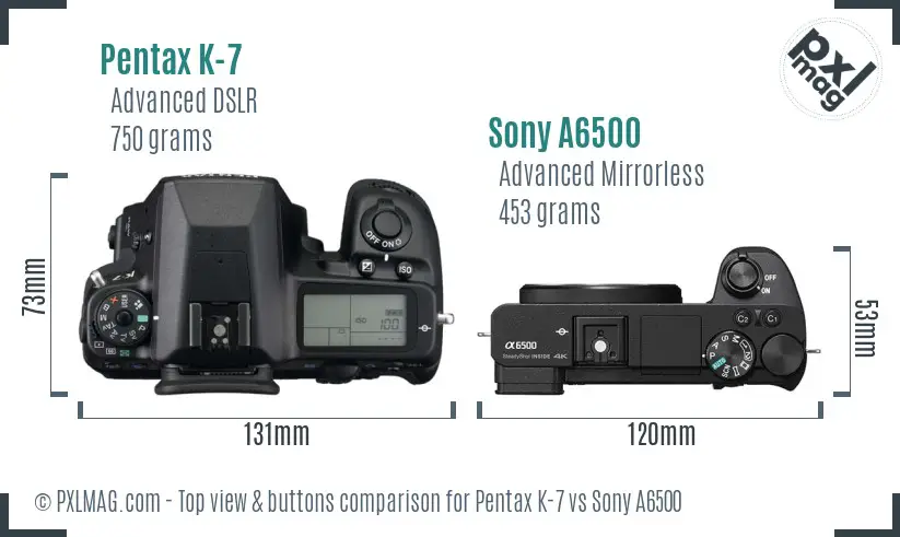 Pentax K-7 vs Sony A6500 top view buttons comparison