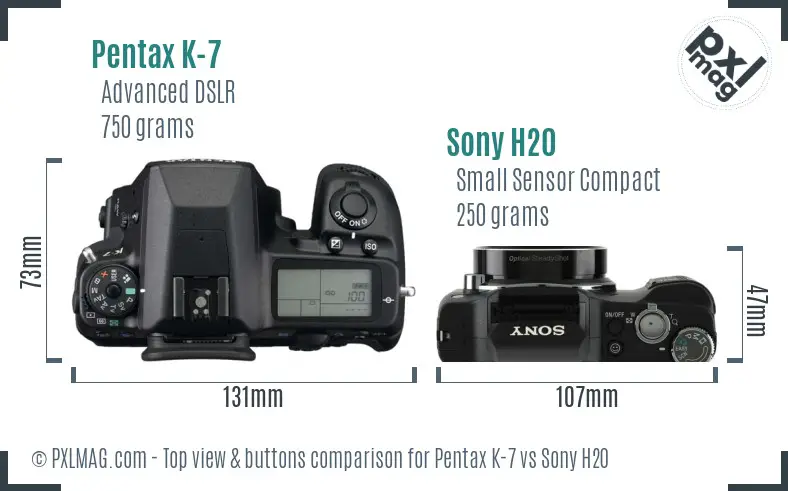 Pentax K-7 vs Sony H20 top view buttons comparison