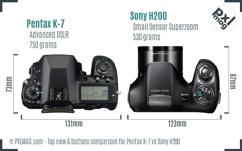 Pentax K-7 vs Sony H200 top view buttons comparison