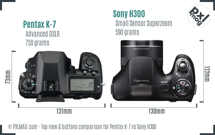 Pentax K-7 vs Sony H300 top view buttons comparison