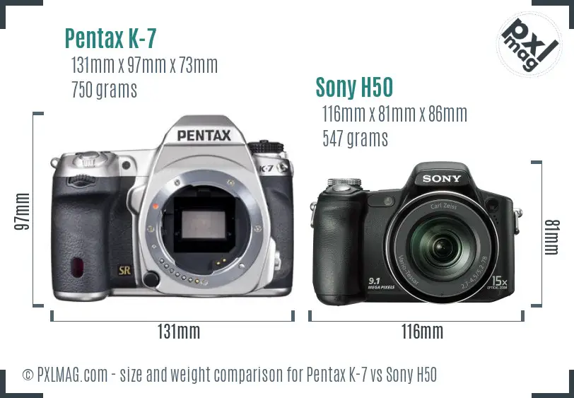 Pentax K-7 vs Sony H50 size comparison