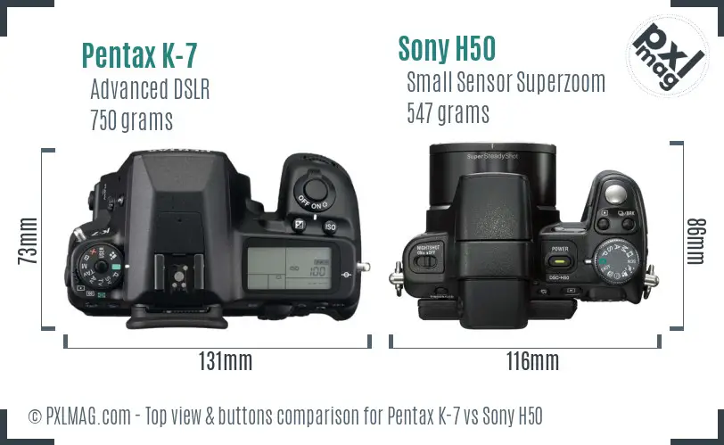 Pentax K-7 vs Sony H50 top view buttons comparison
