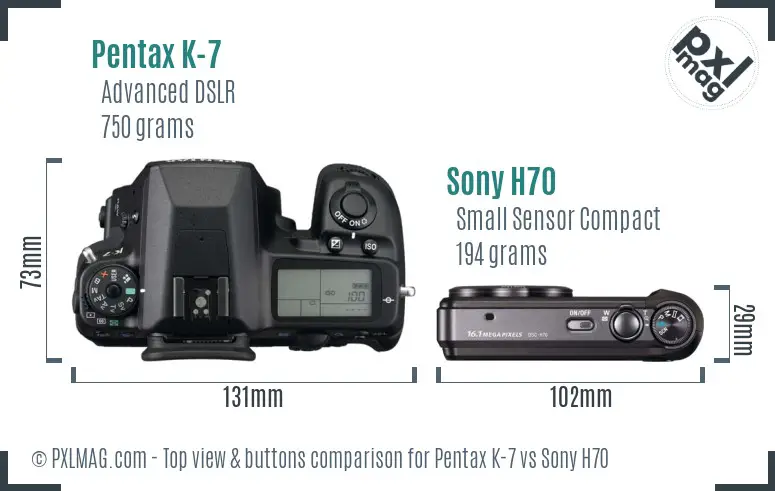 Pentax K-7 vs Sony H70 top view buttons comparison Pentax K-7 vs Sony H70 top view buttons comparison
