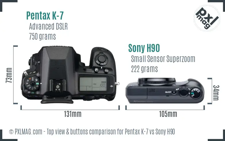 Pentax K-7 vs Sony H90 top view buttons comparison