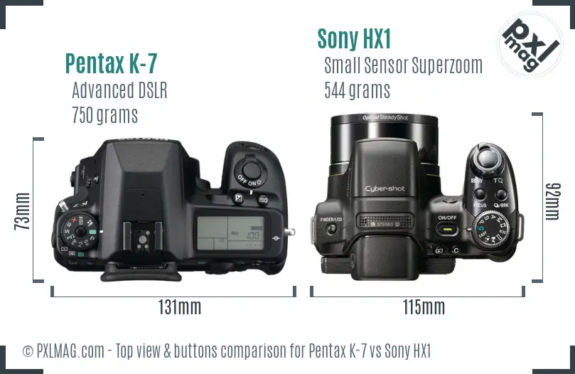 Pentax K-7 vs Sony HX1 top view buttons comparison