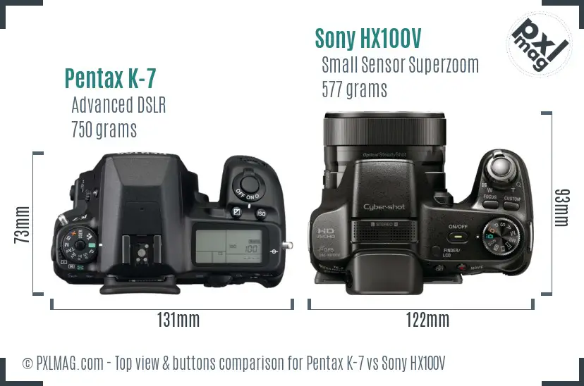 Pentax K-7 vs Sony HX100V top view buttons comparison