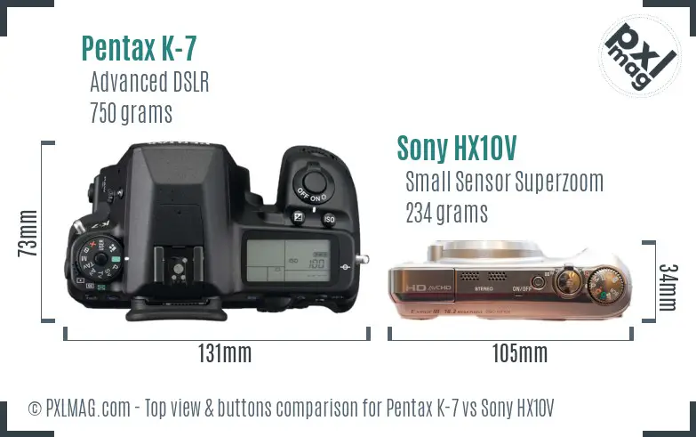 Pentax K-7 vs Sony HX10V top view buttons comparison Pentax K-7 vs Sony HX10V top view buttons comparison