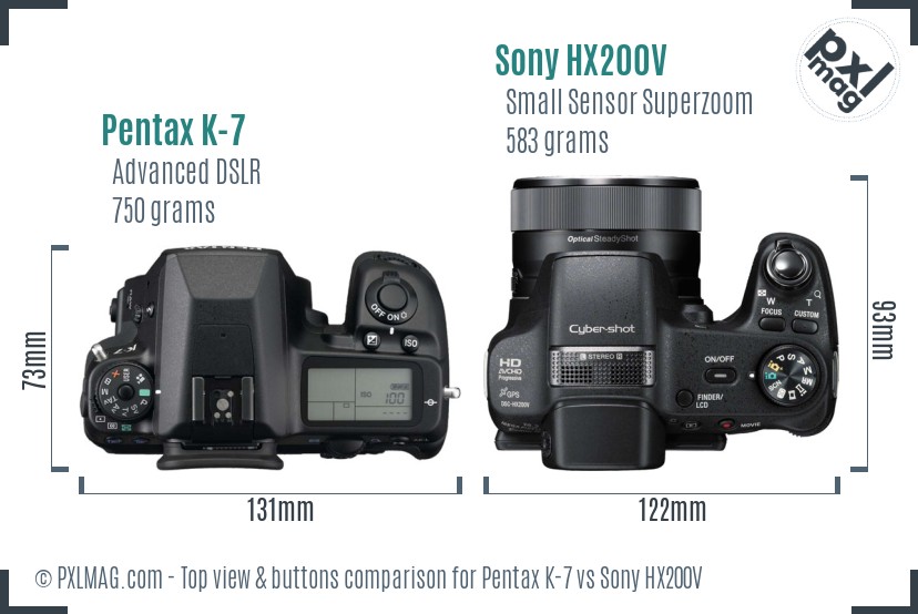 Pentax K-7 vs Sony HX200V top view buttons comparison
