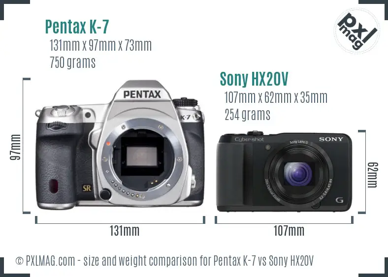 Pentax K-7 vs Sony HX20V size comparison