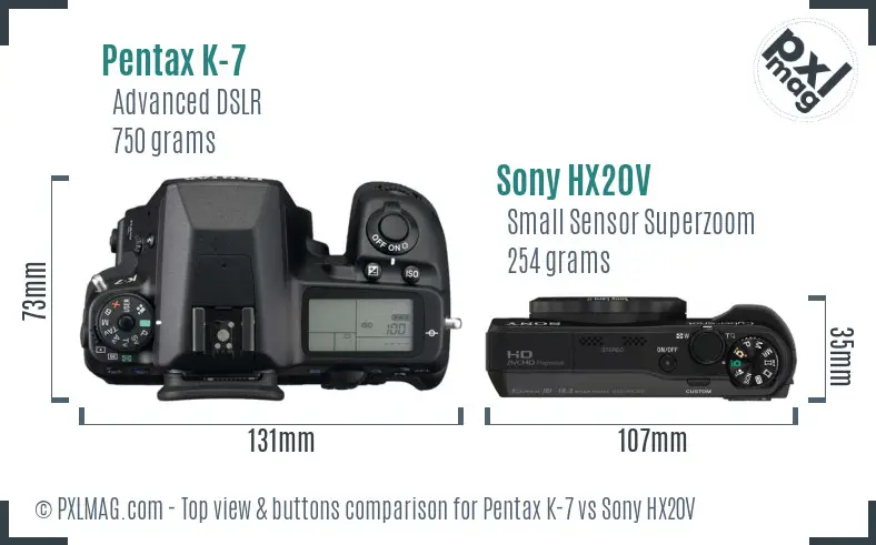 Pentax K-7 vs Sony HX20V top view buttons comparison