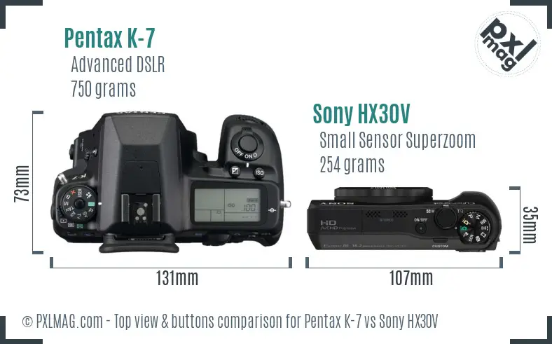 Pentax K-7 vs Sony HX30V top view buttons comparison