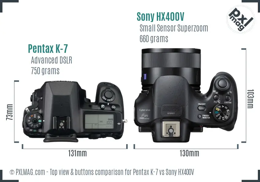 Pentax K-7 vs Sony HX400V top view buttons comparison