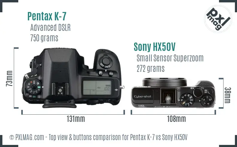 Pentax K-7 vs Sony HX50V top view buttons comparison