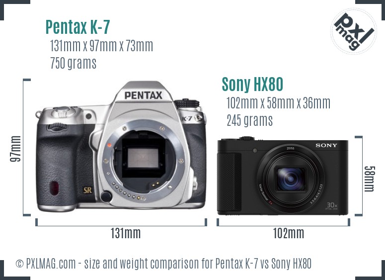 Pentax K-7 vs Sony HX80 size comparison