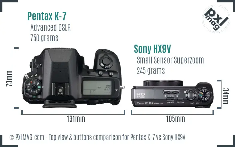Pentax K-7 vs Sony HX9V top view buttons comparison