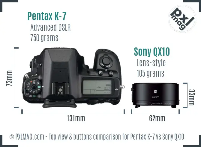 Pentax K-7 vs Sony QX10 top view buttons comparison