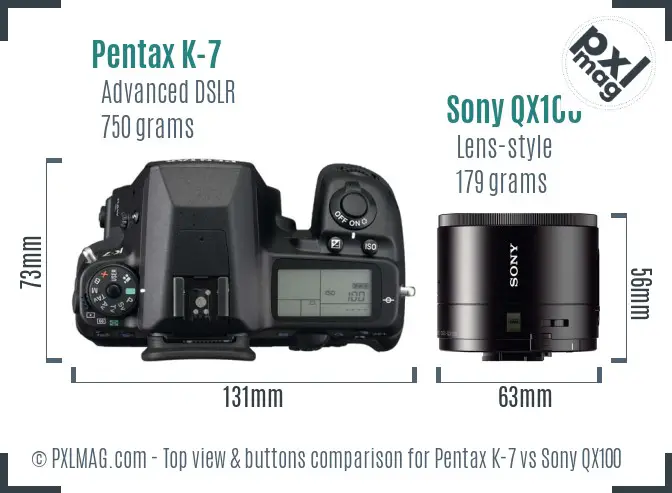 Pentax K-7 vs Sony QX100 top view buttons comparison