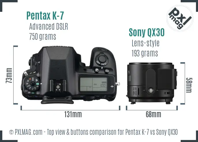 Pentax K-7 vs Sony QX30 top view buttons comparison Pentax K-7 vs Sony QX30 top view buttons comparison