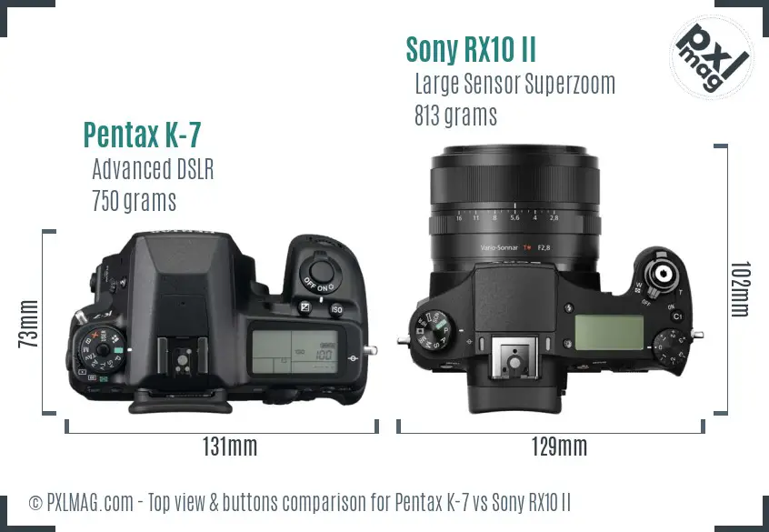 Pentax K-7 vs Sony RX10 II top view buttons comparison Pentax K-7 vs Sony RX10 II top view buttons comparison