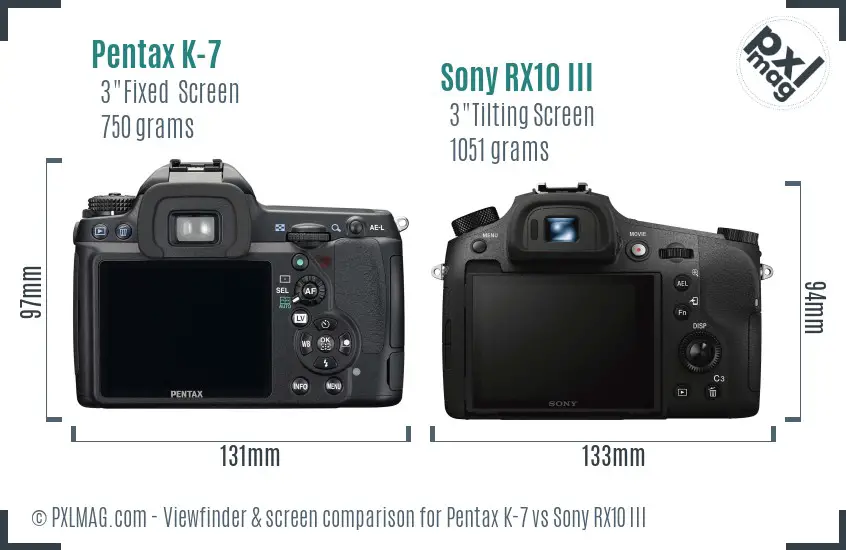 Pentax K-7 vs Sony RX10 III Screen and Viewfinder comparison