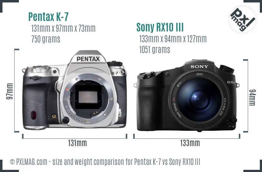 Pentax K-7 vs Sony RX10 III size comparison