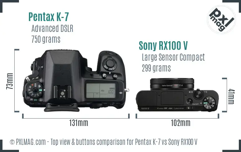 Pentax K-7 vs Sony RX100 V top view buttons comparison