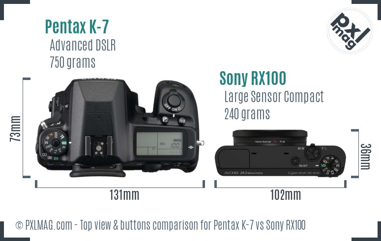 Pentax K-7 vs Sony RX100 top view buttons comparison